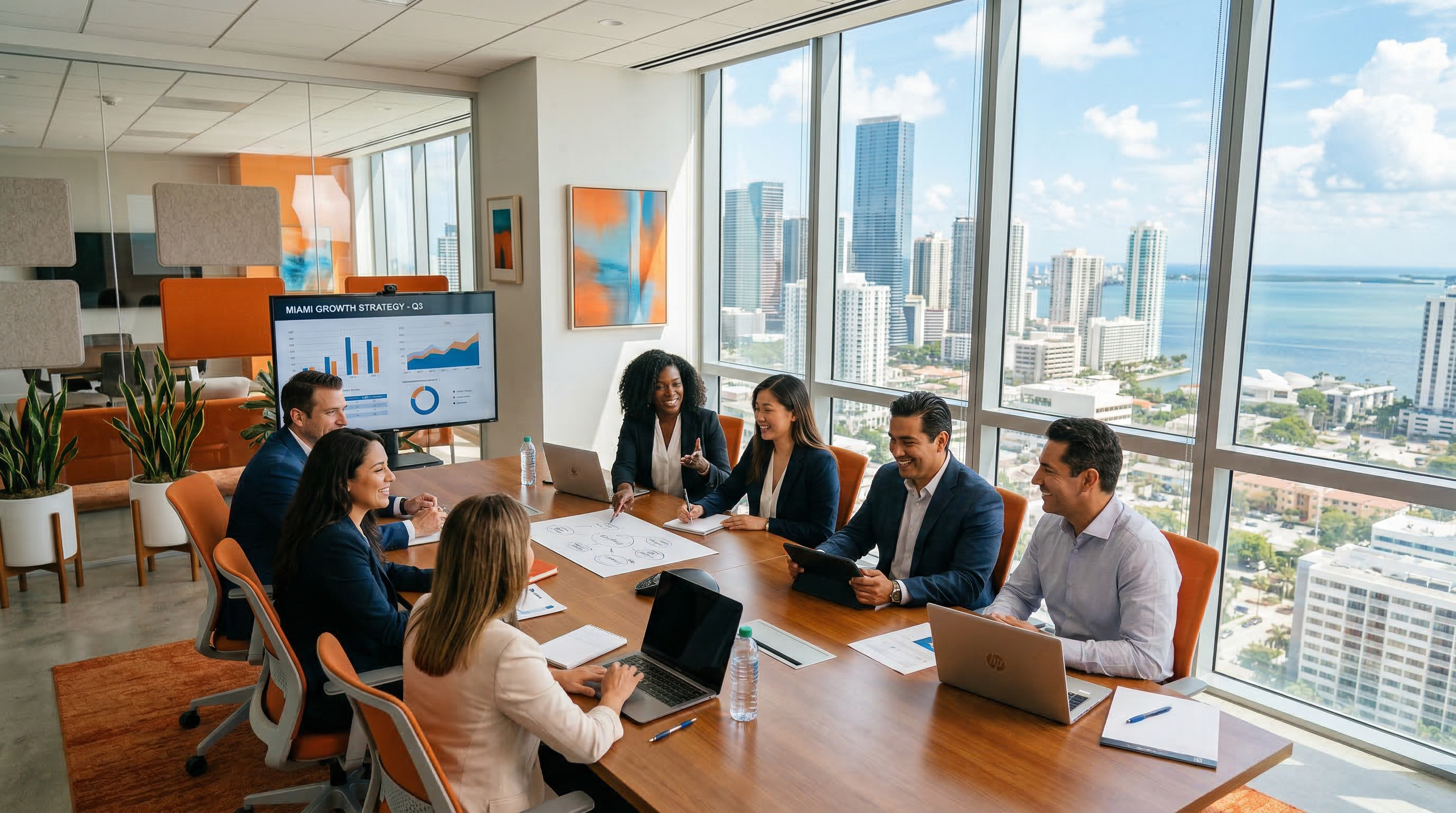 VJ Group team collaborating in a modern office